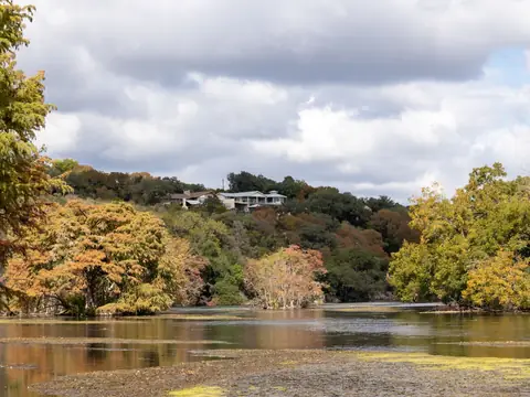 Cypress trees in autumn colors beside a lake in New Braunfels, Texas
